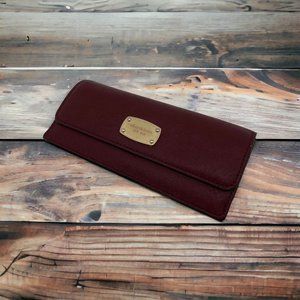 Michael Kors Wallet Maroon Snap Close Zipper Back with Gold Nameplate